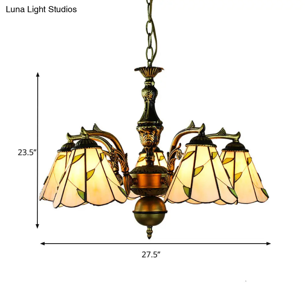 Rustic Beige Chandelier With Curved Arms Leaf Glass And 5 Pendant Lights On Hanging Chain