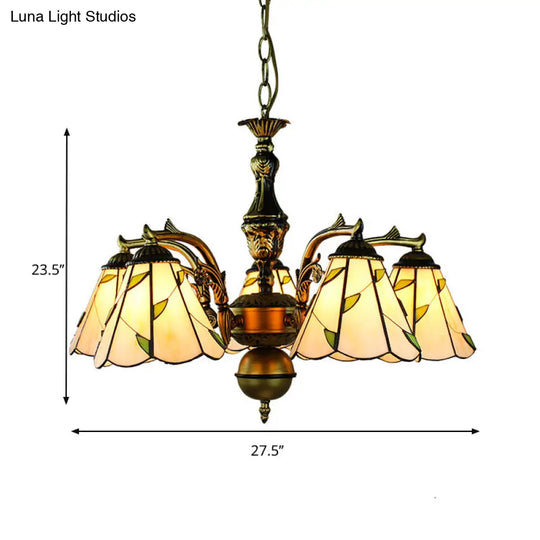 Rustic Curved Arm Chandelier With Leaf Glass: Beige Pendant Lamp (5 Lights)