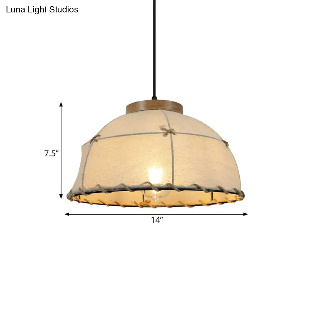 Rustic Beige Fabric Ceiling Pendant Light With Wooden Top 14’/16’/18’ Wide