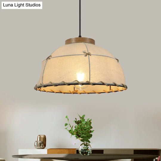 Rustic Beige Fabric Ceiling Pendant Light With Wooden Top 14’/16’/18’ Wide