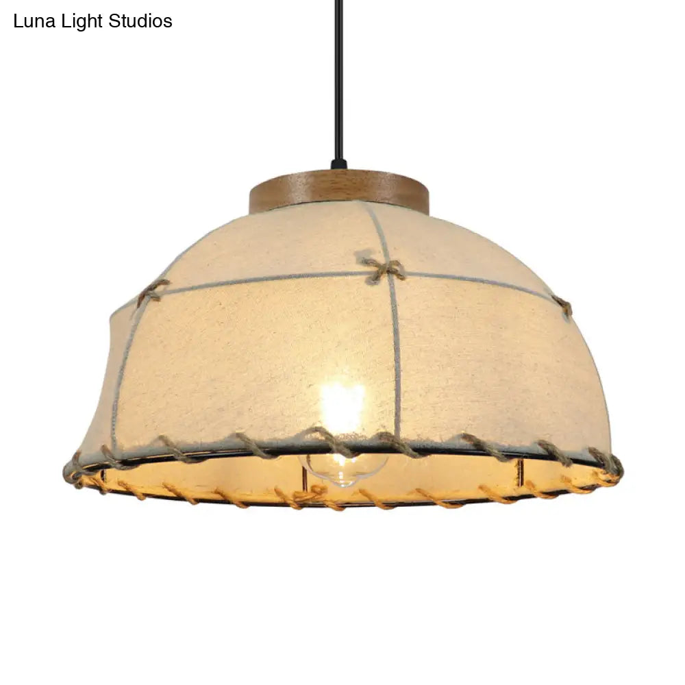 Farm Style Pendant Light - Beige Fabric Ceiling Lamp With Wooden Top 14/16/18 Wide