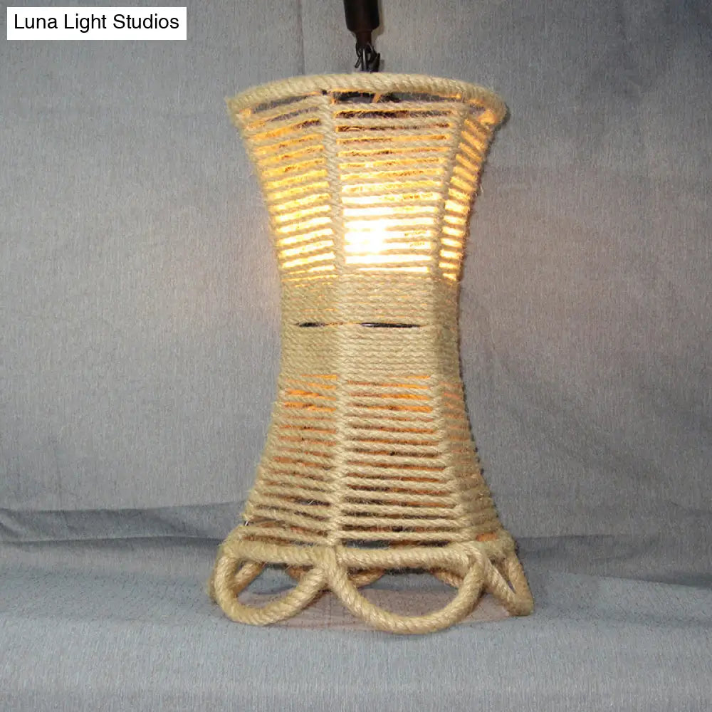 Rustic Beige Rope Pendant Light With Ivy Accents