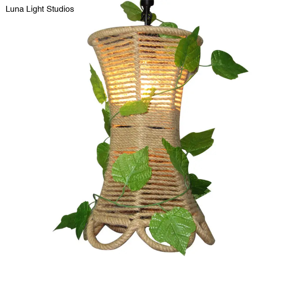 Rustic Beige Flared Pendant Light With Natural Rope And Artificial Ivy