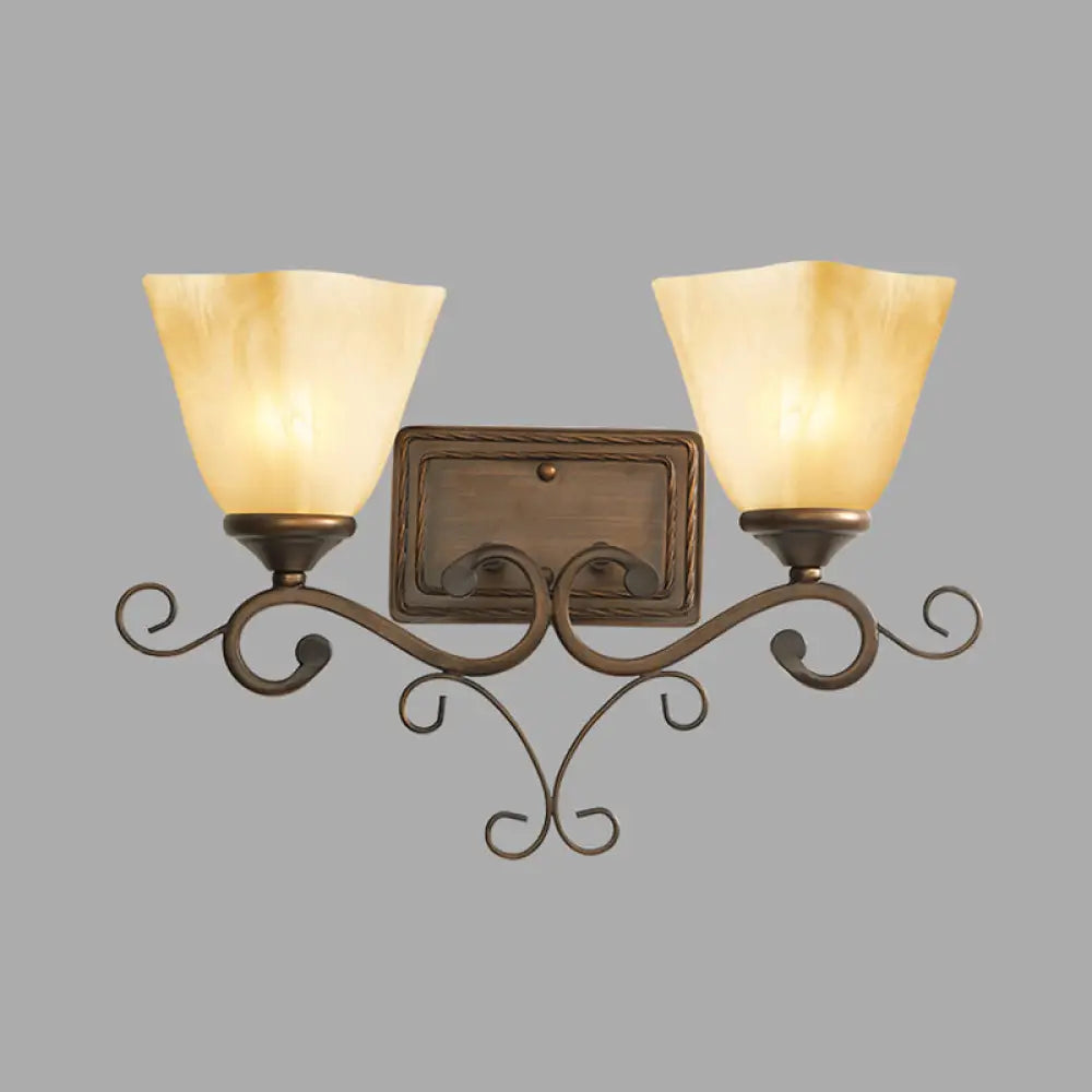 Rustic Beige Glass Bell Shaped Wall Lamp With Dual Heads - Brown Bedroom Light Fixture