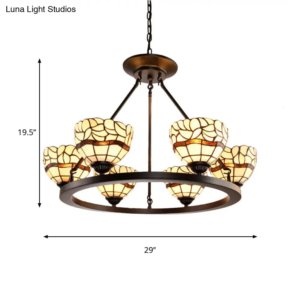 Rustic Beige Glass Bowl Chandelier - 6-Light Fixture With Adjustable Chain