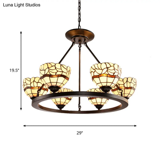 Rustic Beige Glass Bowl Chandelier - 6-Light Fixture With Adjustable Chain