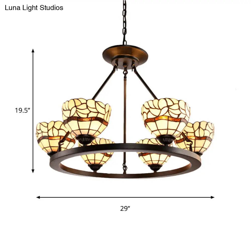 Adjustable Chain Beige Glass Bowl Chandelier - Rustic Hanging Ceiling Light With 6 Lights