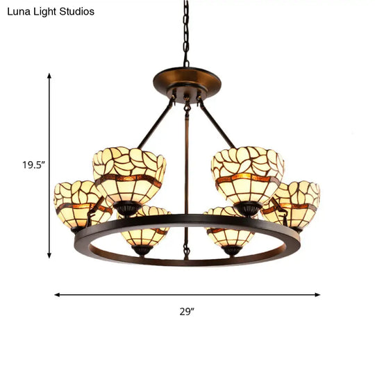 Adjustable Chain Beige Glass Bowl Chandelier - Rustic Hanging Ceiling Light With 6 Lights