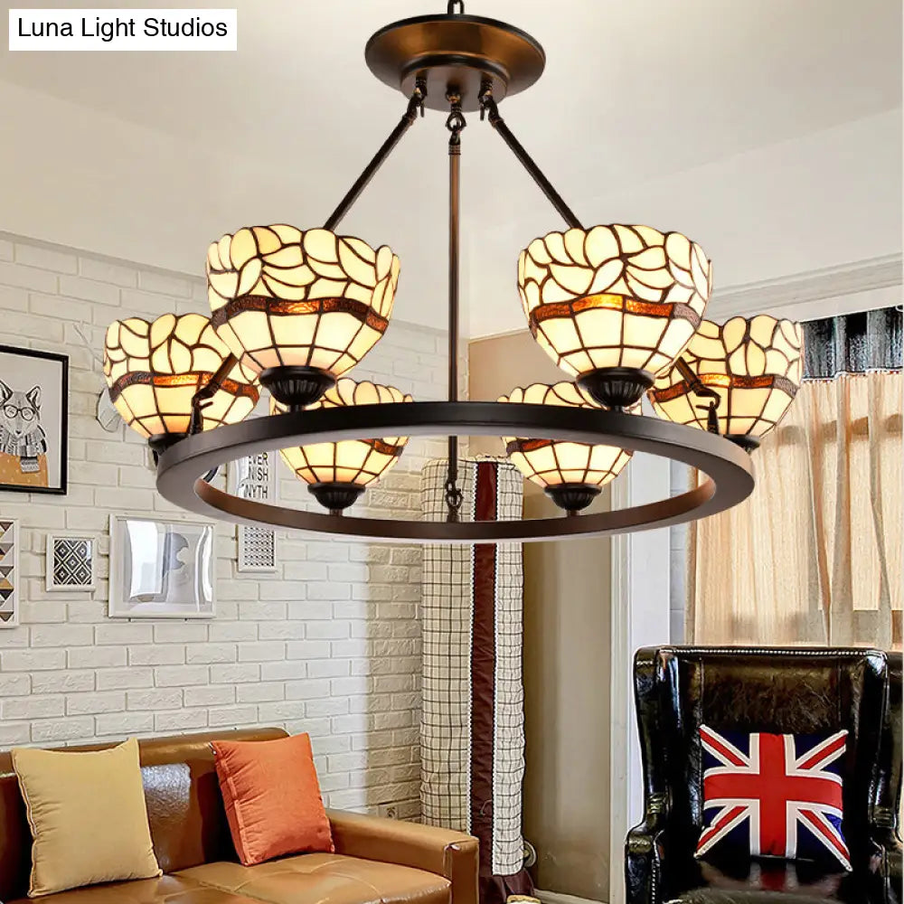 Rustic Beige Glass Bowl Chandelier - 6-Light Fixture With Adjustable Chain