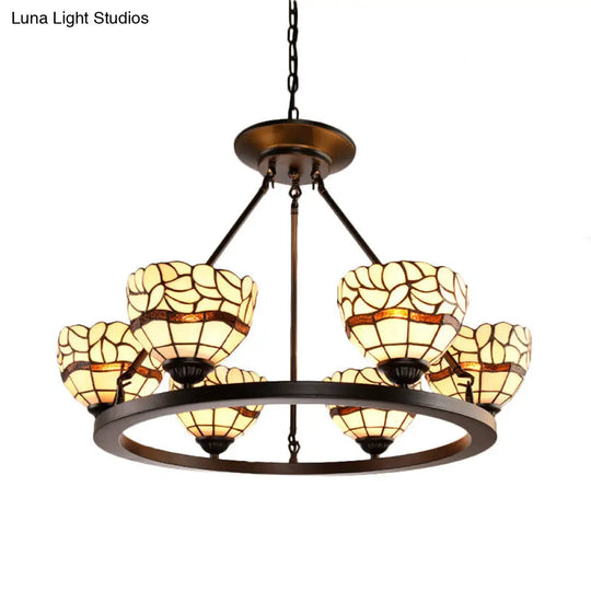 Adjustable Chain Beige Glass Bowl Chandelier - Rustic Hanging Ceiling Light With 6 Lights