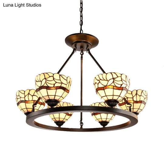 Rustic Beige Glass Bowl Chandelier - 6-Light Fixture With Adjustable Chain