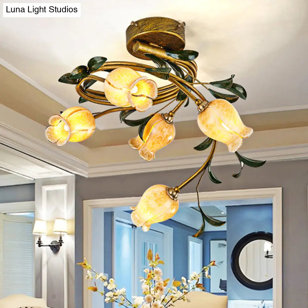 Rustic Beige Glass Brass Petal Ceiling Lamp - Semi Flush Mount 5 Lights