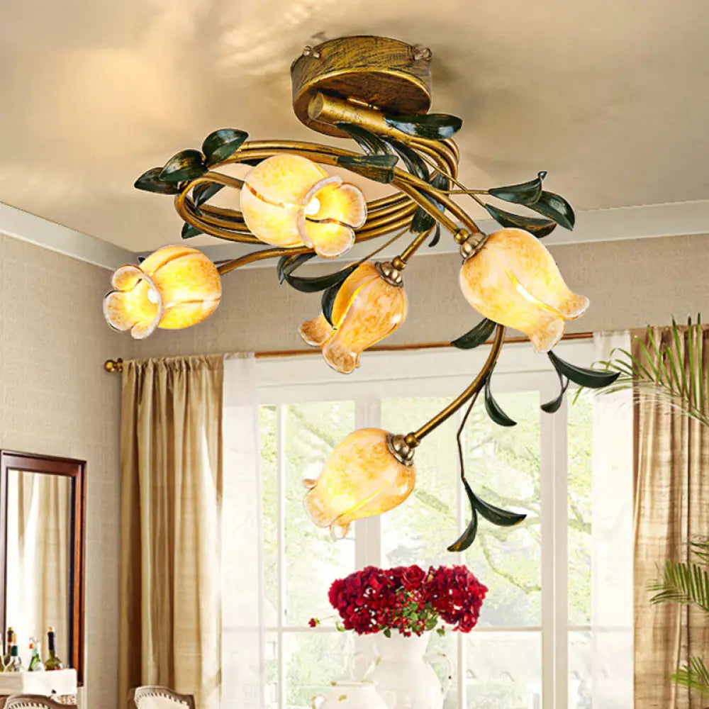 Rustic Beige Glass Brass Petal Ceiling Lamp - Semi Flush Mount 5 Lights