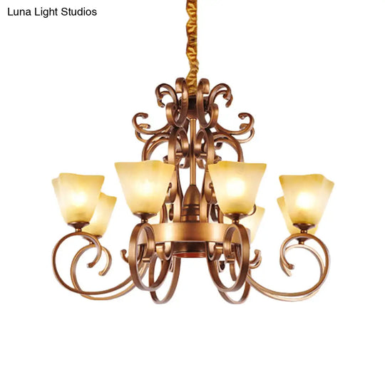 Rustic Beige Glass Chandelier: 6/9-Head Pendant Light In Brass With Swooping Arm