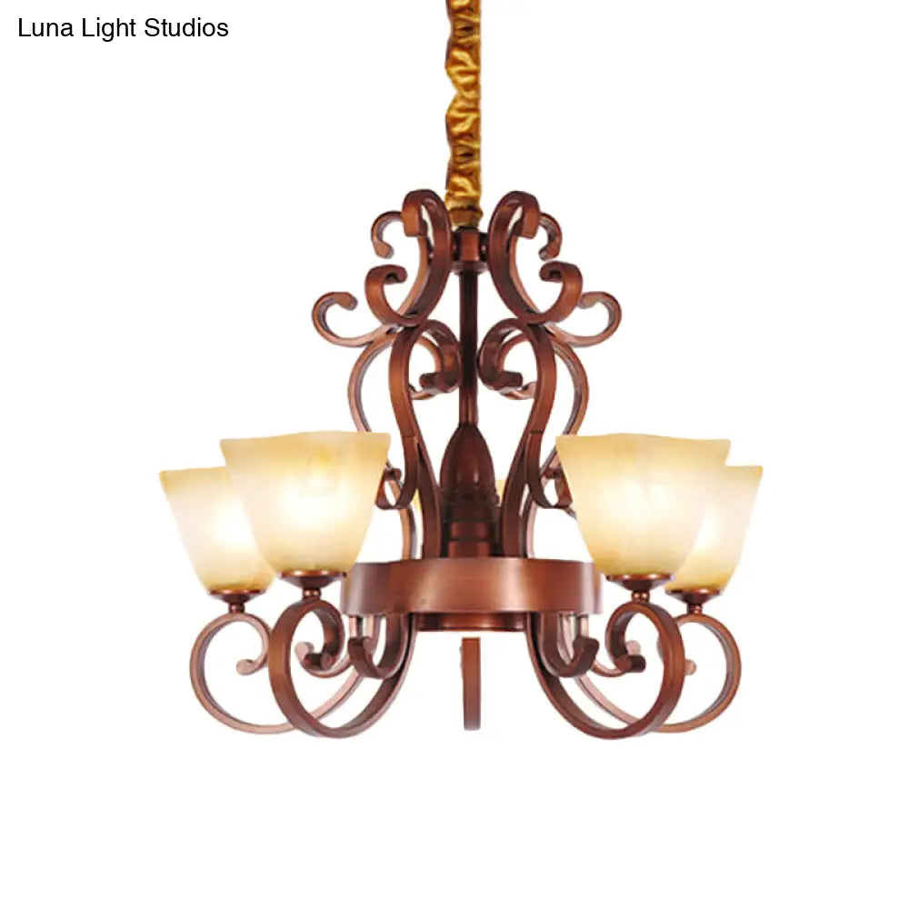 Rustic Beige Glass Chandelier: 6/9-Head Pendant Light In Brass With Swooping Arm