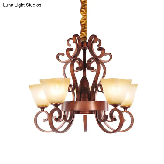 Rustic Beige Glass Chandelier: 6/9-Head Pendant Light In Brass With Swooping Arm