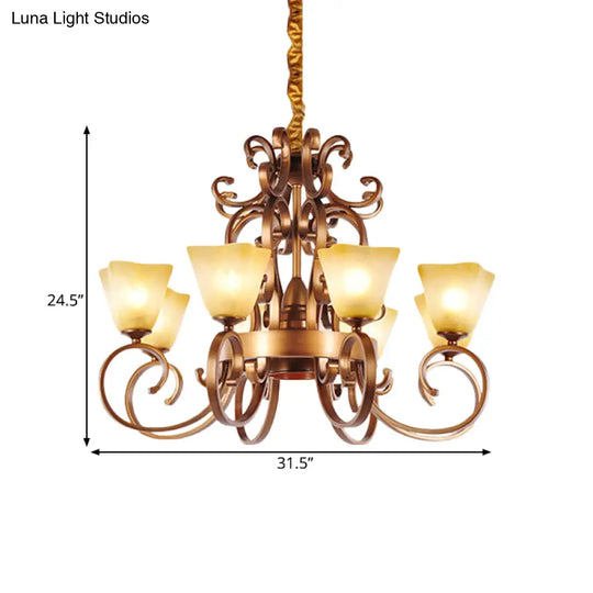 Rustic Beige Glass Chandelier: 6/9-Head Pendant Light In Brass With Swooping Arm