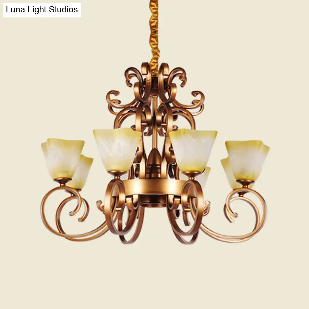 Rustic Beige Glass Chandelier: 6/9-Head Pendant Light In Brass With Swooping Arm