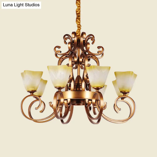 Rustic Beige Glass Chandelier: 6/9-Head Pendant Light In Brass With Swooping Arm