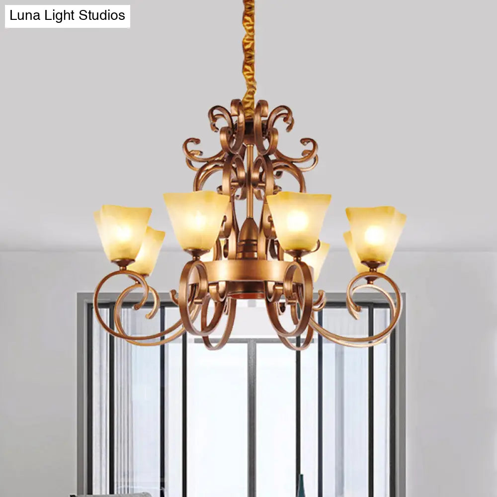 Rustic Beige Glass Chandelier: 6/9-Head Pendant Light In Brass With Swooping Arm