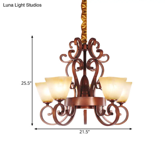 Rustic Beige Glass Chandelier: 6/9-Head Pendant Light In Brass With Swooping Arm