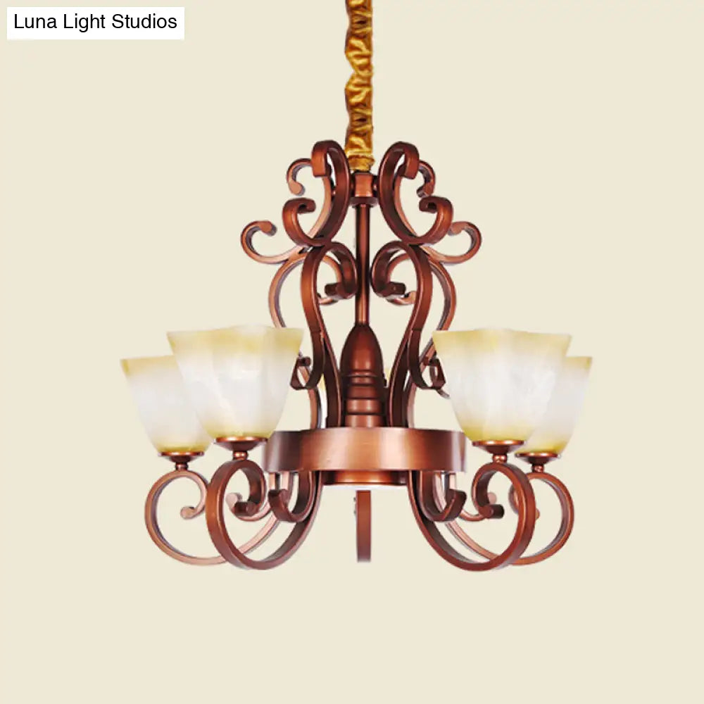 Rustic Beige Glass Chandelier: 6/9-Head Pendant Light In Brass With Swooping Arm