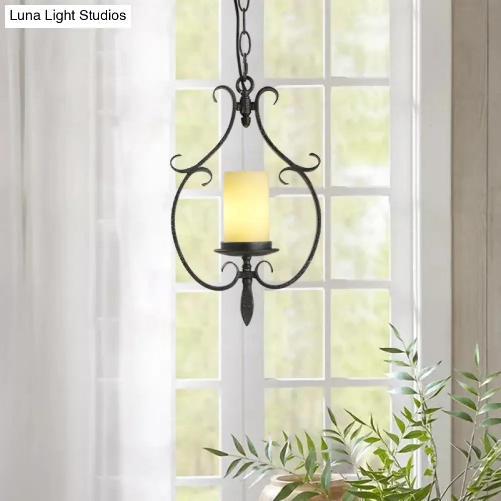 Rustic Beige Glass Cylinder Pendant Ceiling Light With Antique Black Finish - 1 Living Room Hanging