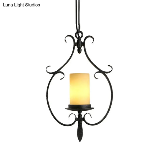 Rustic Beige Glass Cylinder Pendant Ceiling Light With Antique Black Finish - 1 Living Room Hanging