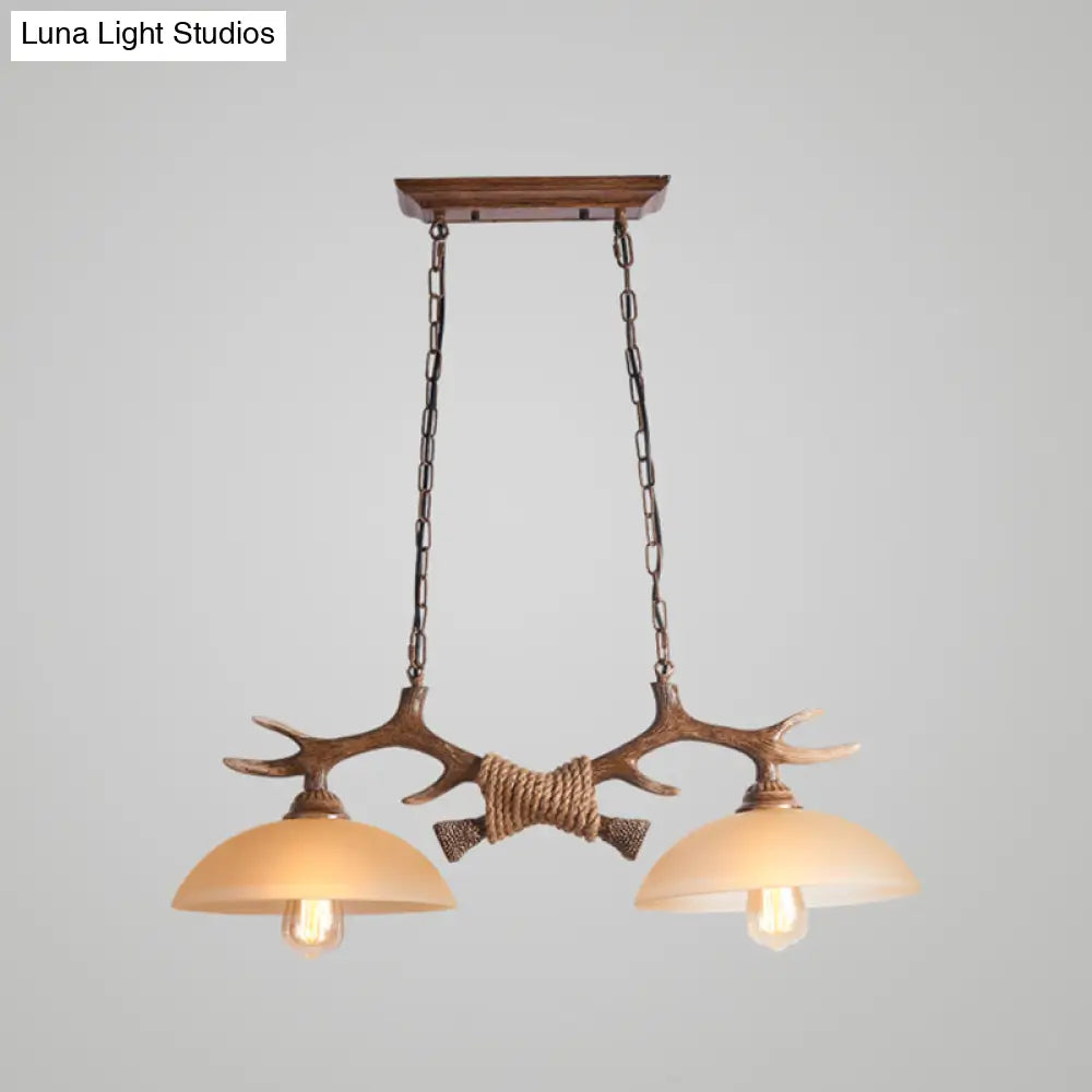 Rustic Beige Glass Island Pendant Light With Antler Decor - Bowl Shape 2 Bulbs Ideal For Restaurant