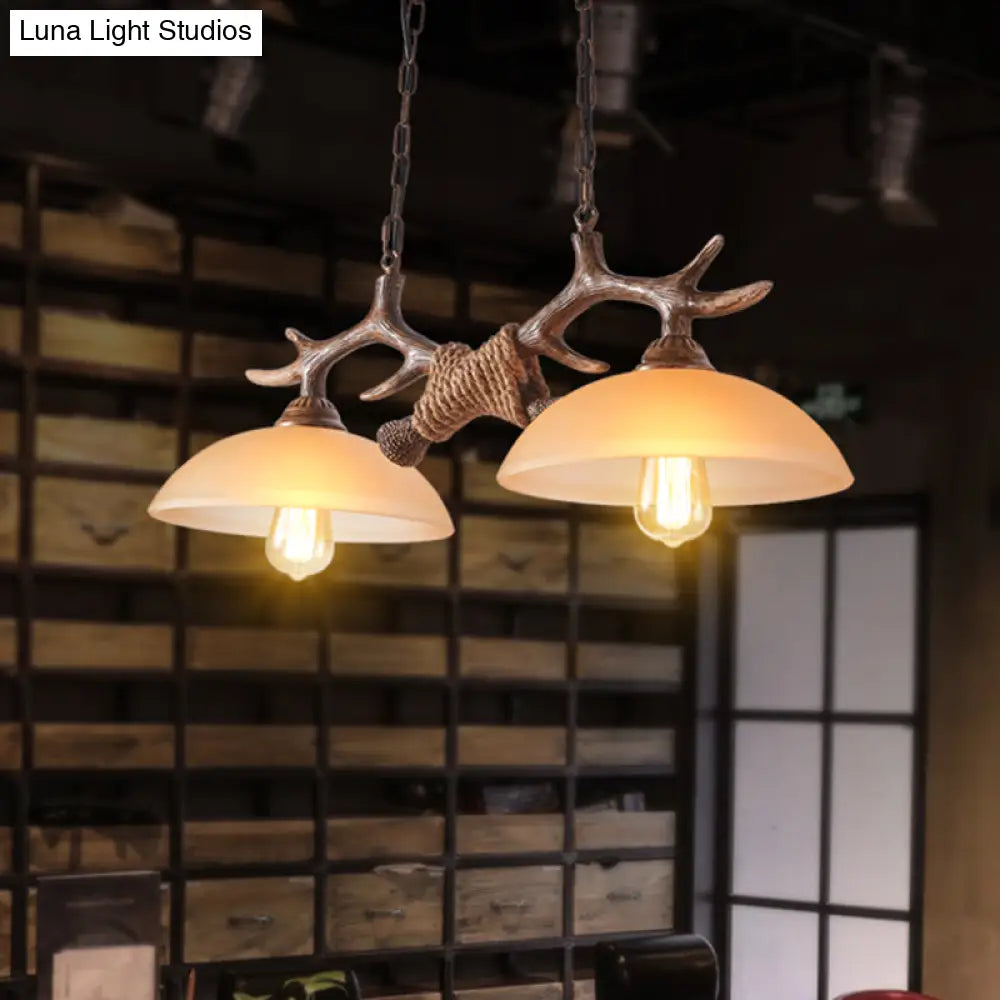 Rustic Beige Glass Island Pendant Light With Antler Decor - Bowl Shape 2 Bulbs Ideal For Restaurant