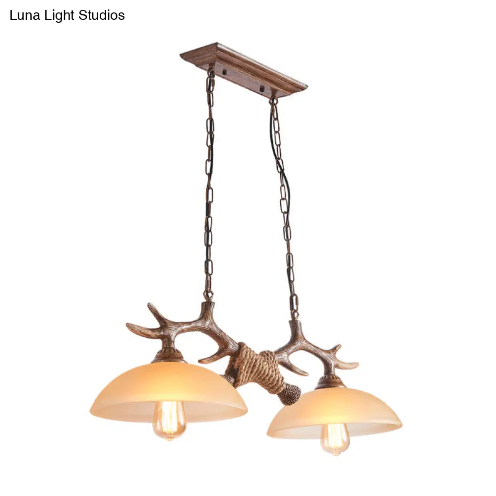 Rustic Beige Glass Island Pendant Light With Antler Decor - Bowl Shape 2 Bulbs Ideal For Restaurant