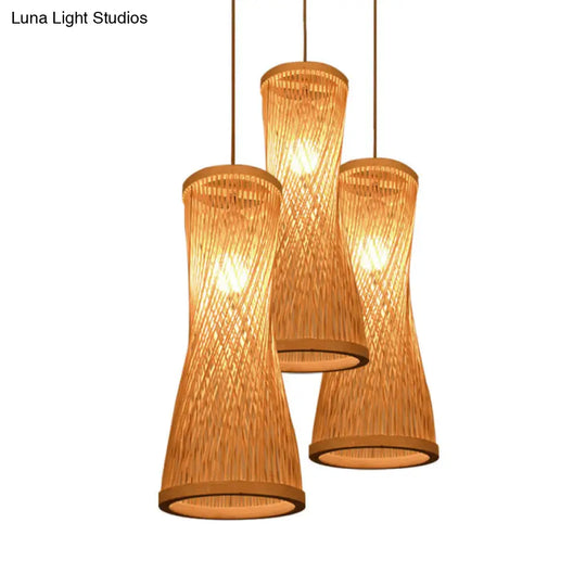 Rustic Beige Hourglass Hanging Lamp Kit With 3 Bamboo Batten Heads - Multiple Ceiling Light