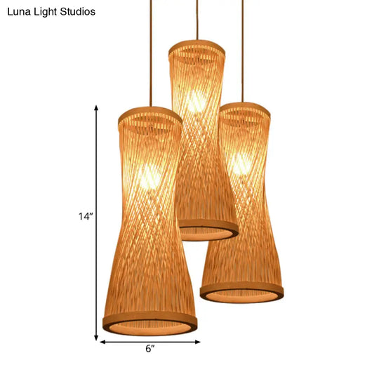 Rustic Beige Hourglass Hanging Lamp Kit With 3 Bamboo Batten Heads - Multiple Ceiling Light