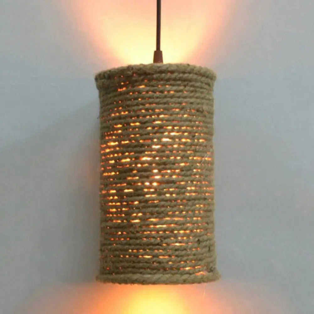 Rustic Beige Pendant Lights For Restaurant: Vintage Rope Cylinder Design / Round