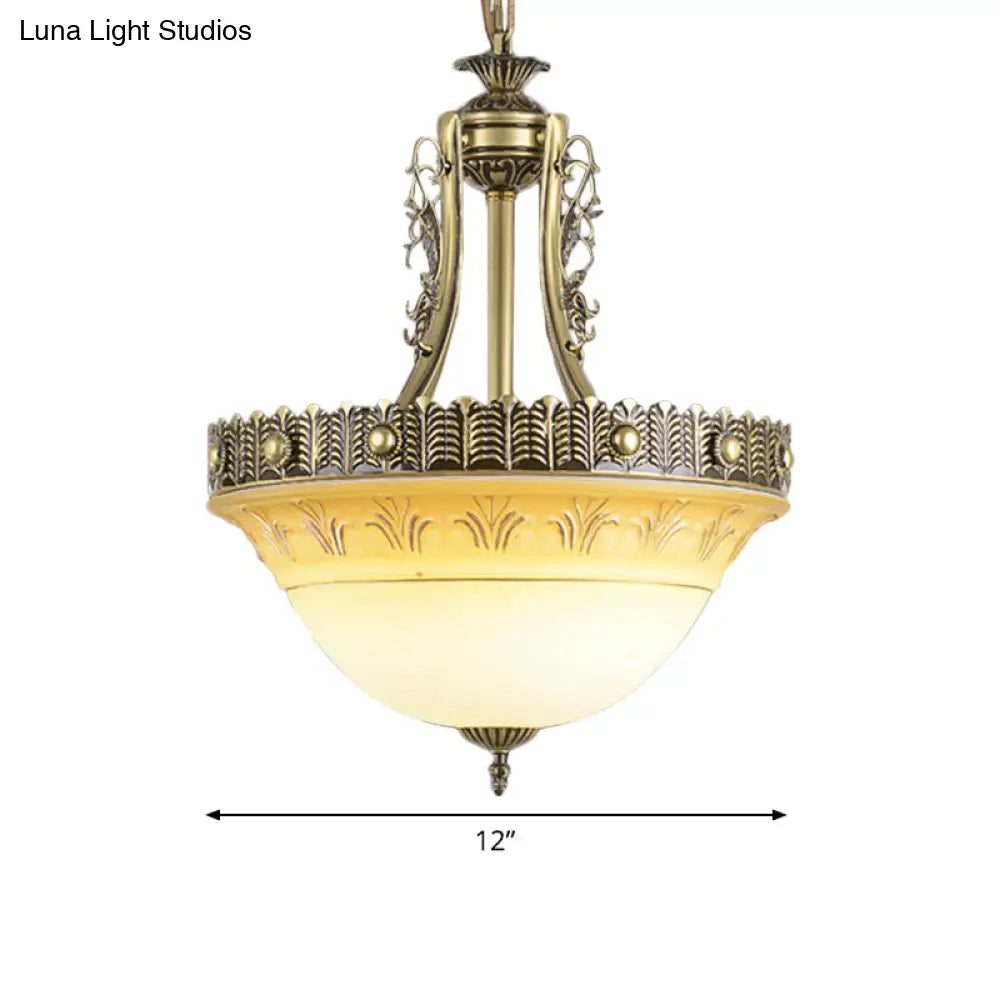 Rustic Beige & White Glass Bowl Terrace Chandelier - 3-Light Brass Pendant Lamp