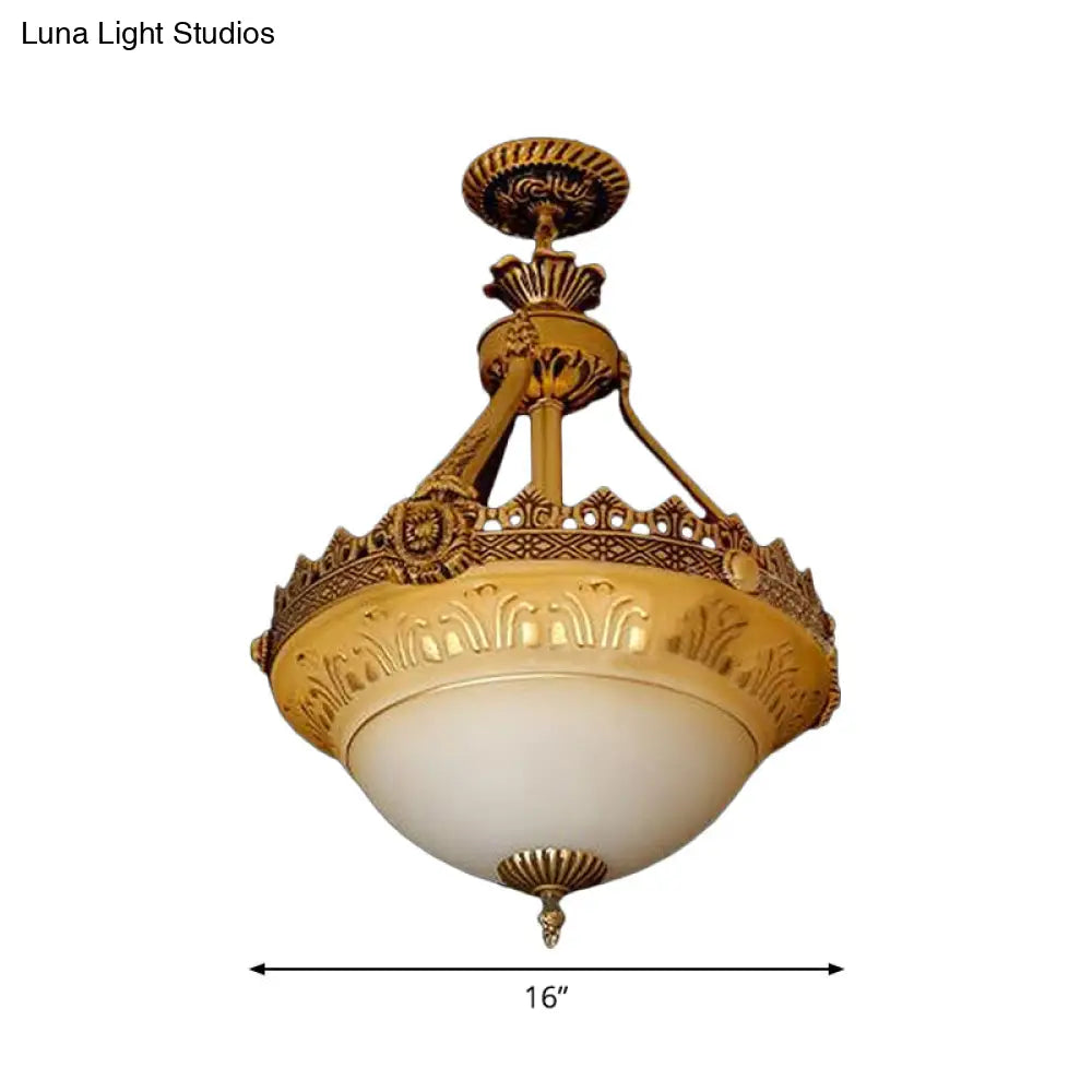 Rustic Beige & White Glass Bowl Terrace Chandelier - 3-Light Brass Pendant Lamp