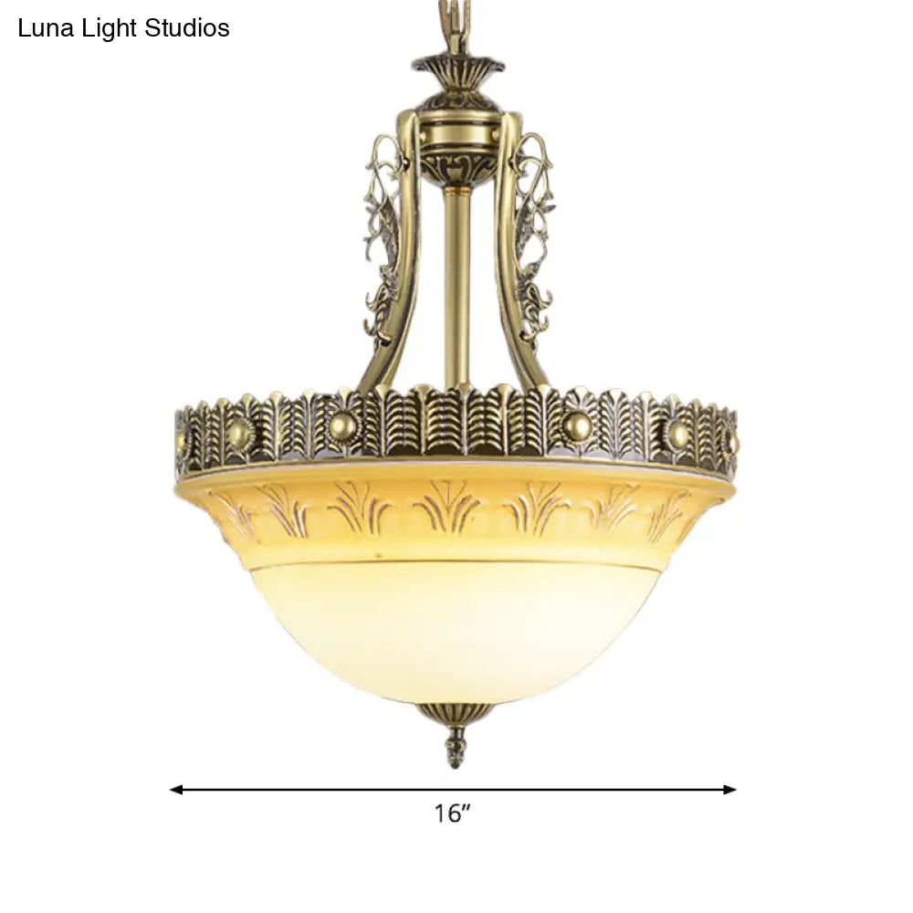 Rustic Beige & White Glass Bowl Terrace Chandelier - 3-Light Brass Pendant Lamp