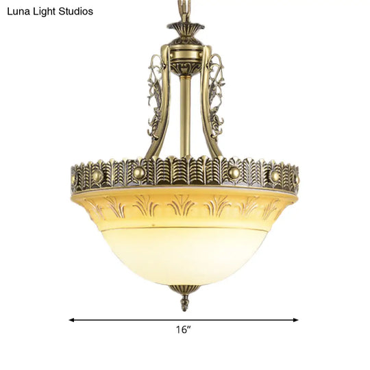 Rustic Beige & White Glass Bowl Terrace Chandelier - 3-Light Brass Pendant Lamp