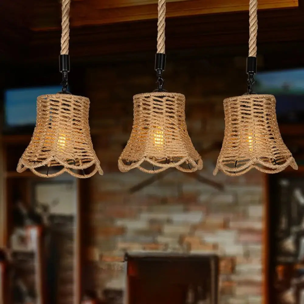 Rustic Bell Cluster Pendant Light - Rope-Wrapped Suspension Lamp In Brown (3/6-Head) With