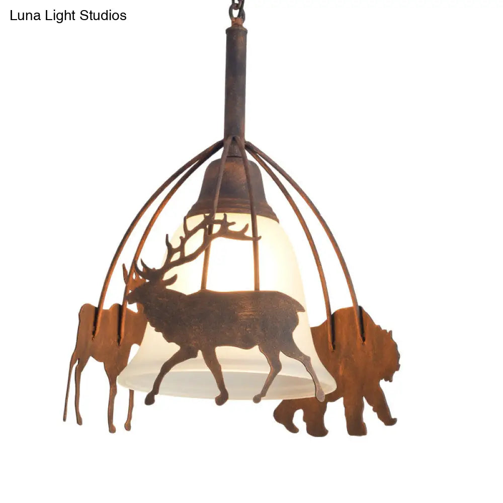 Rustic Bell Pendant Light With Deer Design - Countryside Frosted Glass Hanging Lamp For Restaurants