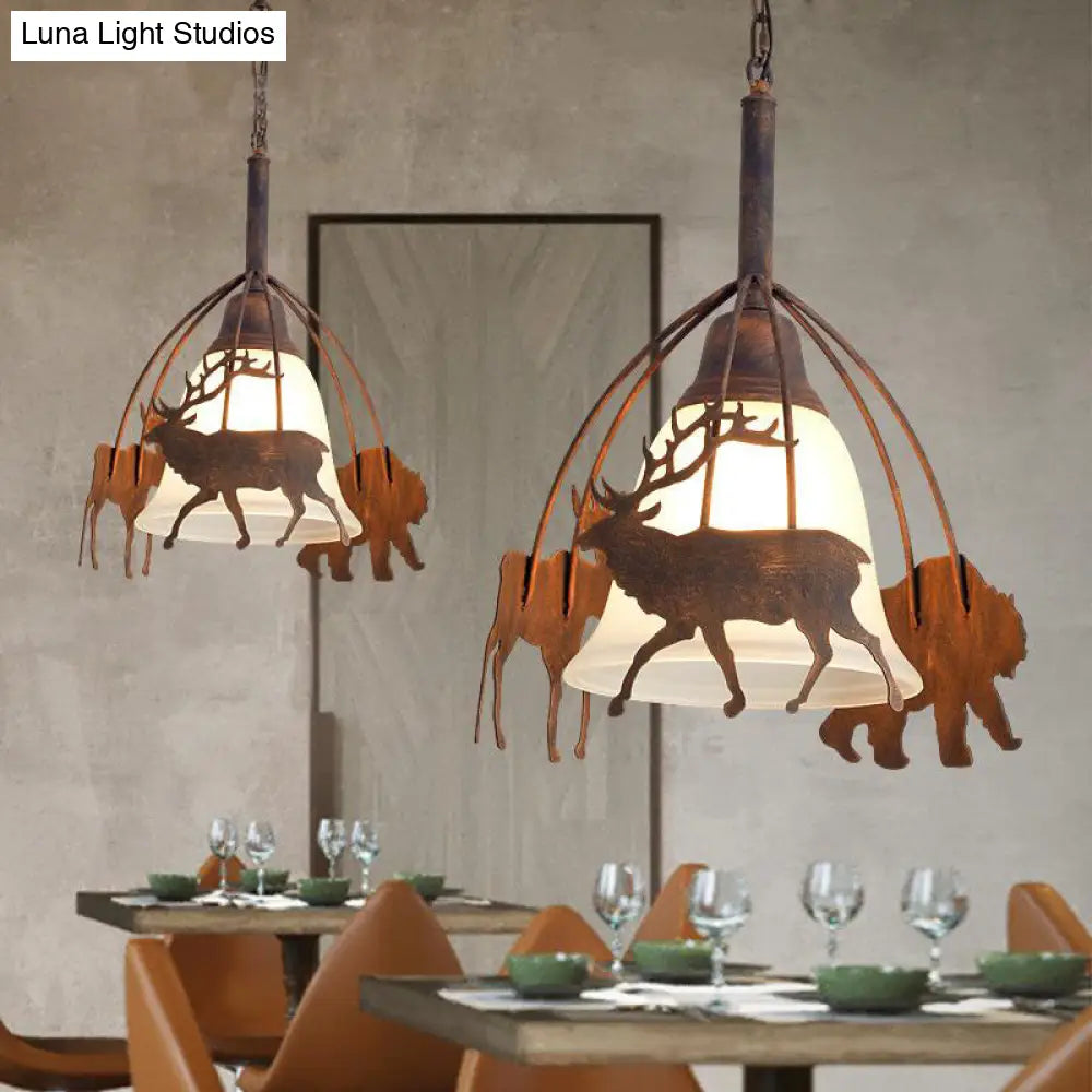 Rustic Bell Pendant Light With Deer Design - Countryside Frosted Glass Hanging Lamp For Restaurants