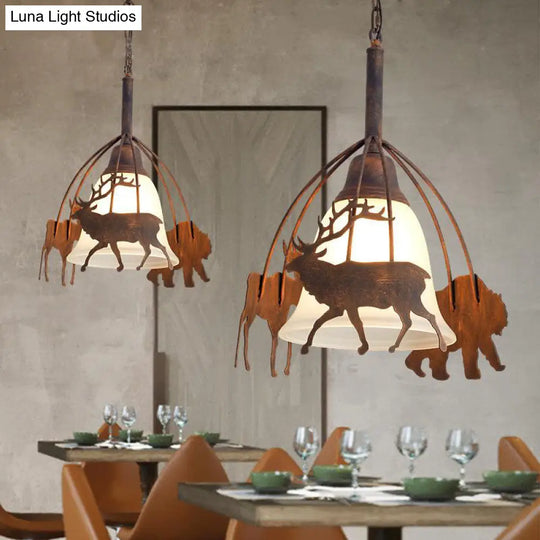 Rustic Bell Pendant Light With Deer Design - Countryside Frosted Glass Hanging Lamp For Restaurants