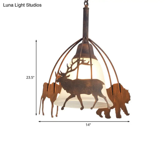 Rustic Bell Pendant Light With Deer Design - Countryside Frosted Glass Hanging Lamp For Restaurants