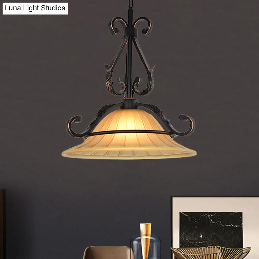 Rustic Bell Pendulum Led Suspension Light With Ribbed Glass In Bronze - Ideal For Bedroom Décor