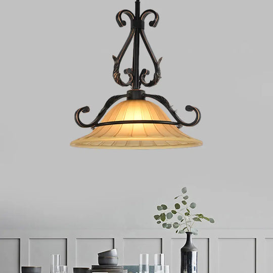 Rustic Bell Pendulum Led Suspension Light With Ribbed Glass In Bronze - Ideal For Bedroom Décor