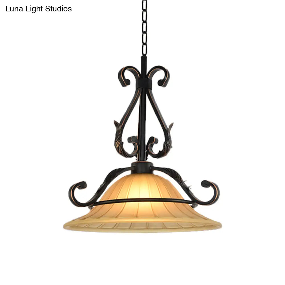 Rustic Bell Pendulum Led Suspension Light With Ribbed Glass In Bronze - Ideal For Bedroom Décor