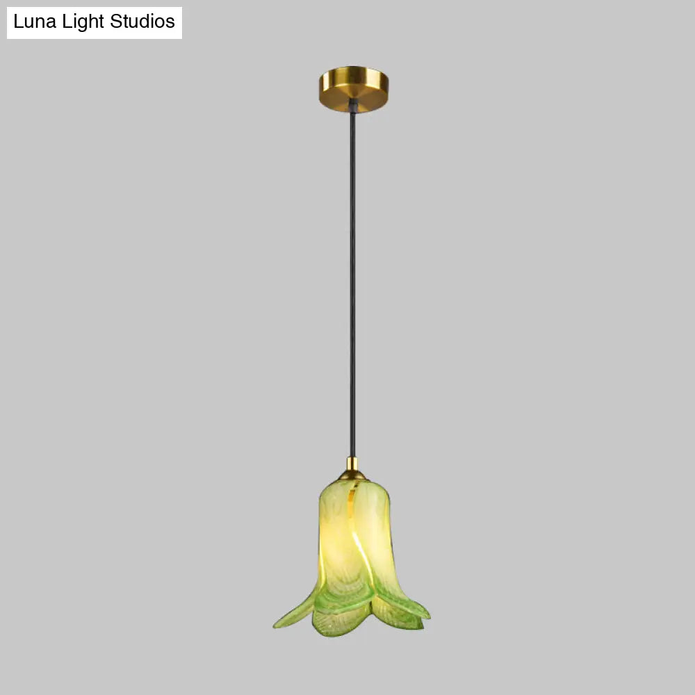 Rustic Bell-Shaped Pendant Light: 1-Light Ceiling Hang Fixture For Bedrooms - White/Green/Purple