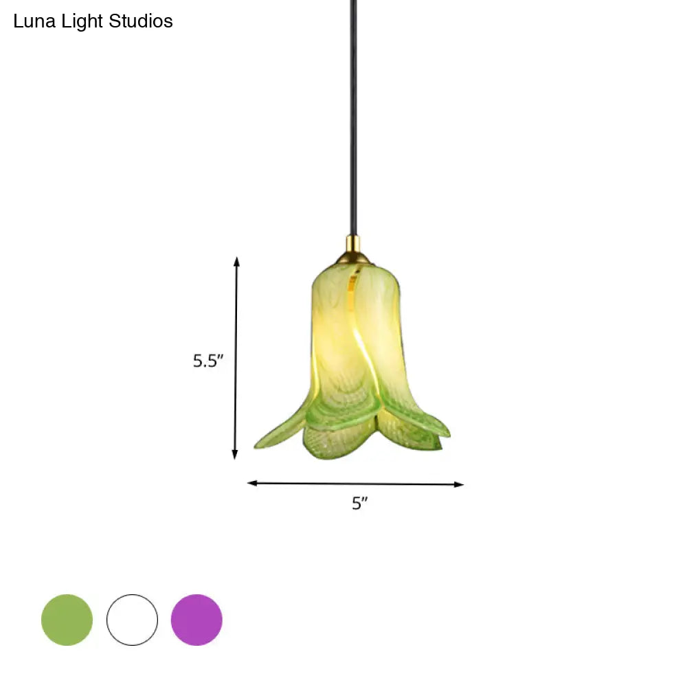 Rustic Bell-Shaped Pendant Light: 1-Light Ceiling Hang Fixture For Bedrooms - White/Green/Purple