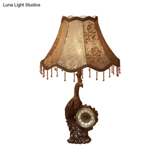 Rustic Bell Standing Desk Lamp With Peacock And Clock - Tan Table Light 1-Light Printing Fabric