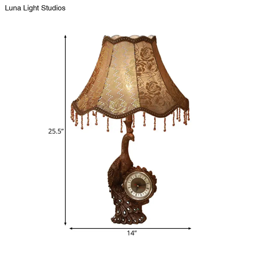 Rustic Bell Standing Desk Lamp With Peacock And Clock - Tan Table Light 1-Light Printing Fabric